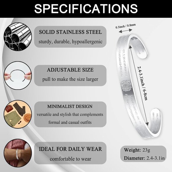 Stainless Steel Numeric Cuff Bracelet Unisex Adult Durable 60 Engraved Numbers - Picture 5 of 9